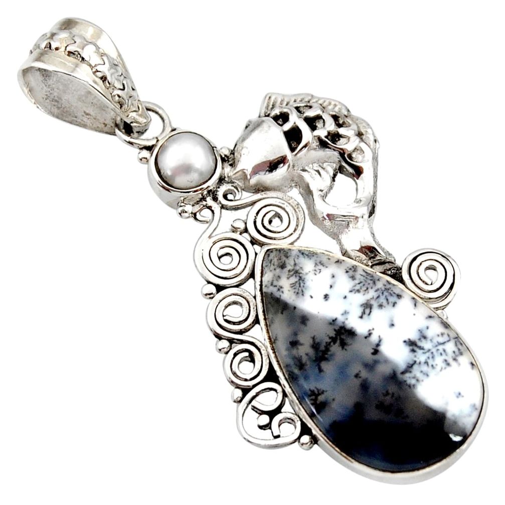 925 silver 15.39cts natural white dendrite opal (merlinite) fish pendant d42355