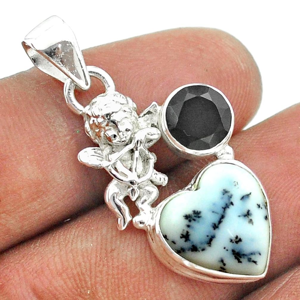 925 silver 7.44cts natural white dendrite opal black onyx angel pendant t55427