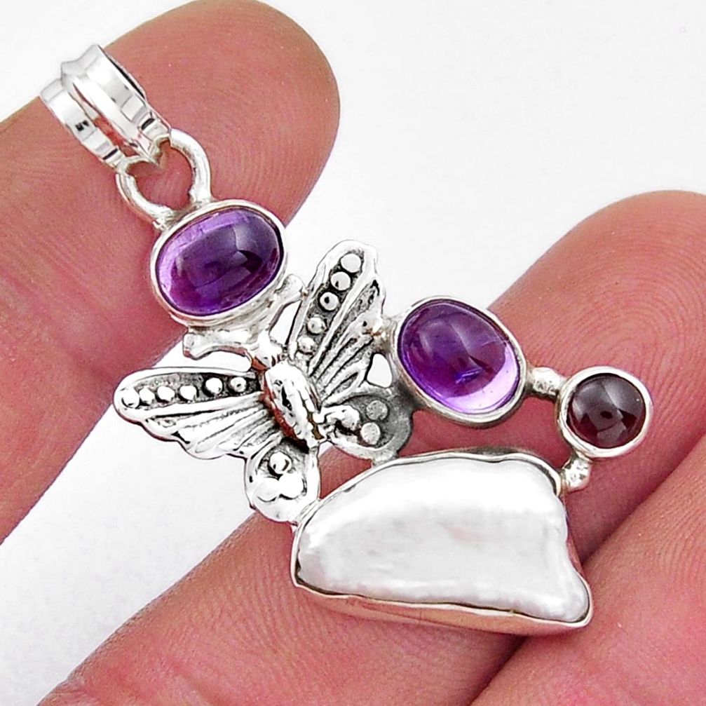 925 silver 9.98cts natural white pearl amethyst garnet butterfly pendant y20595
