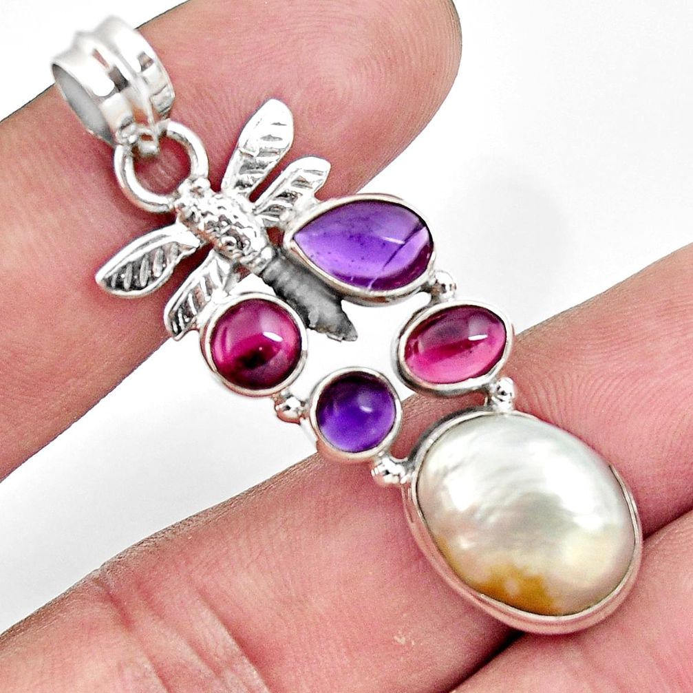 cts natural white pearl amethyst garnet dragonfly pendant d43927