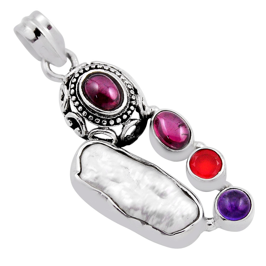 925 silver 12.72cts natural white pearl cornelian garnet amethyst pendant n24938