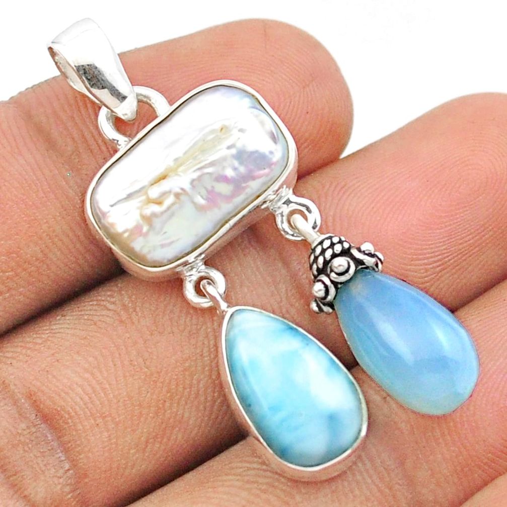 925 silver 17.95cts sea life natural white pearl larimar chalcedony pendant u14393