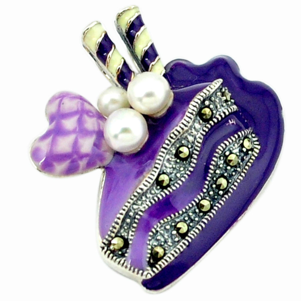 925 sterling silver natural white pearl marcasite enamel heart pendant c18761