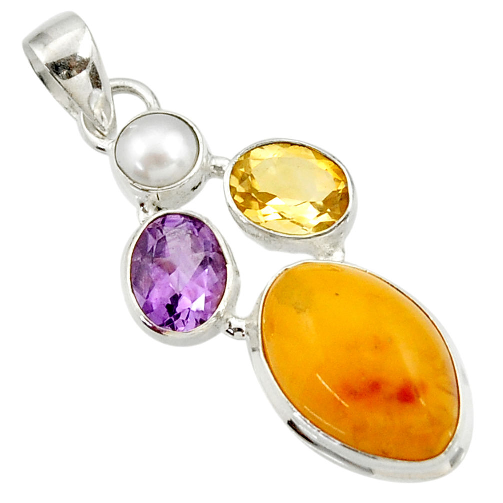 925 silver 15.08cts natural yellow amber bone amethyst pearl pendant d43076