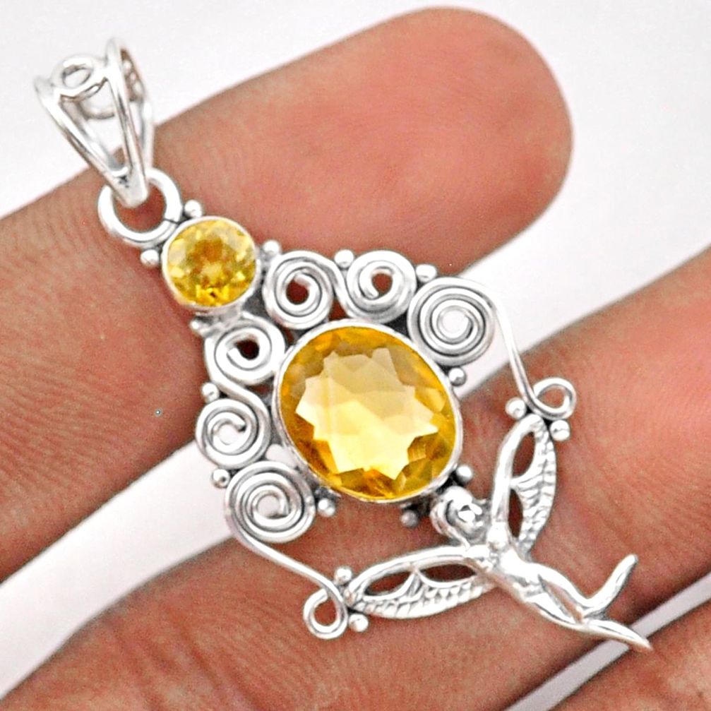 925 silver 5.79cts natural yellow citrine angel wings fairy pendant u7074