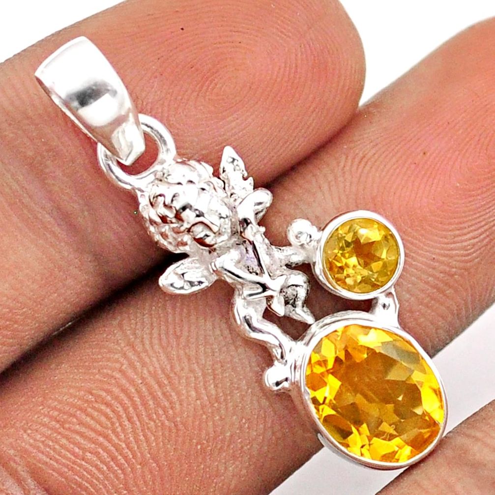 925 silver 4.26cts natural yellow citrine oval cupid angel wings pendant u4083