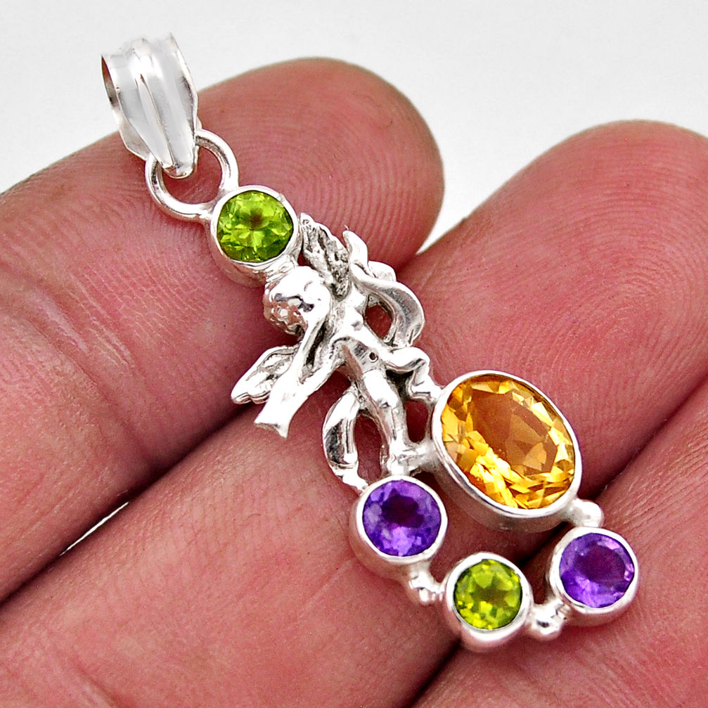 925 silver 4.95cts natural yellow citrine peridot amethyst angel pendant y86550