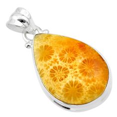 925 silver 13.70cts natural yellow fossil coral petoskey stone pendant t26647