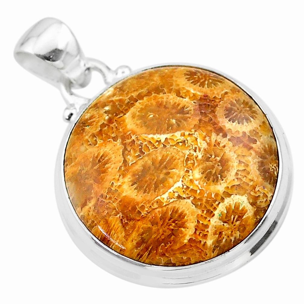 925 silver 16.62cts natural yellow fossil coral petoskey stone pendant t26659