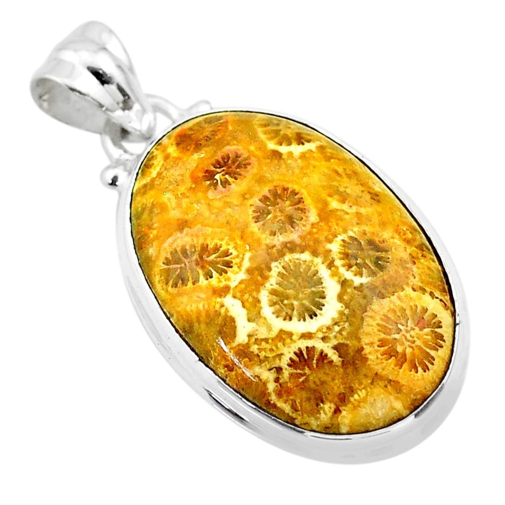 925 silver 16.73cts natural yellow fossil coral petoskey stone pendant t26667