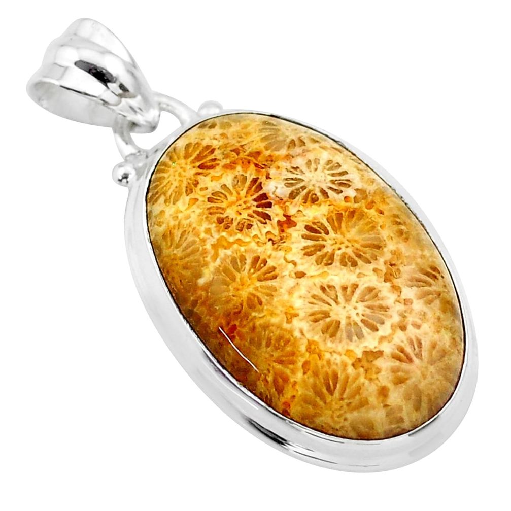 925 silver 17.60cts natural yellow fossil coral petoskey stone pendant t26675