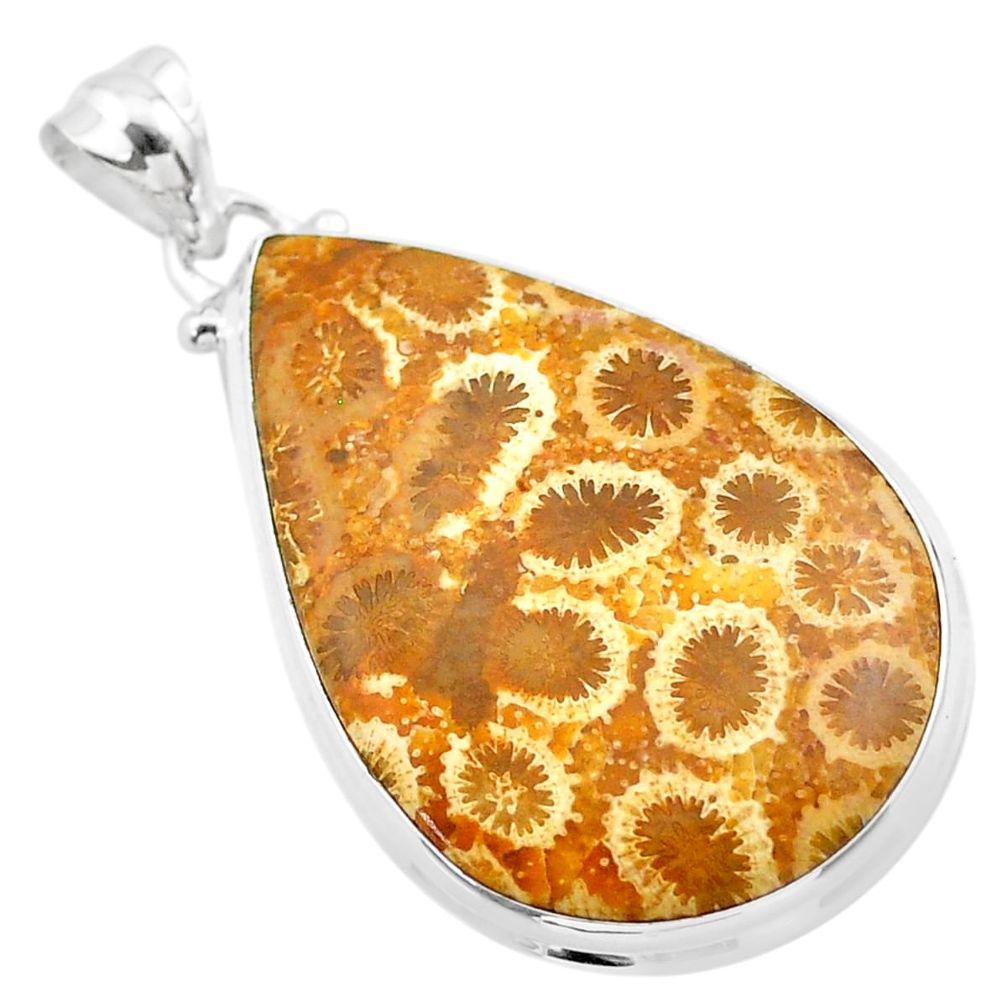 925 silver 19.20cts natural yellow fossil coral petoskey stone pendant t26677