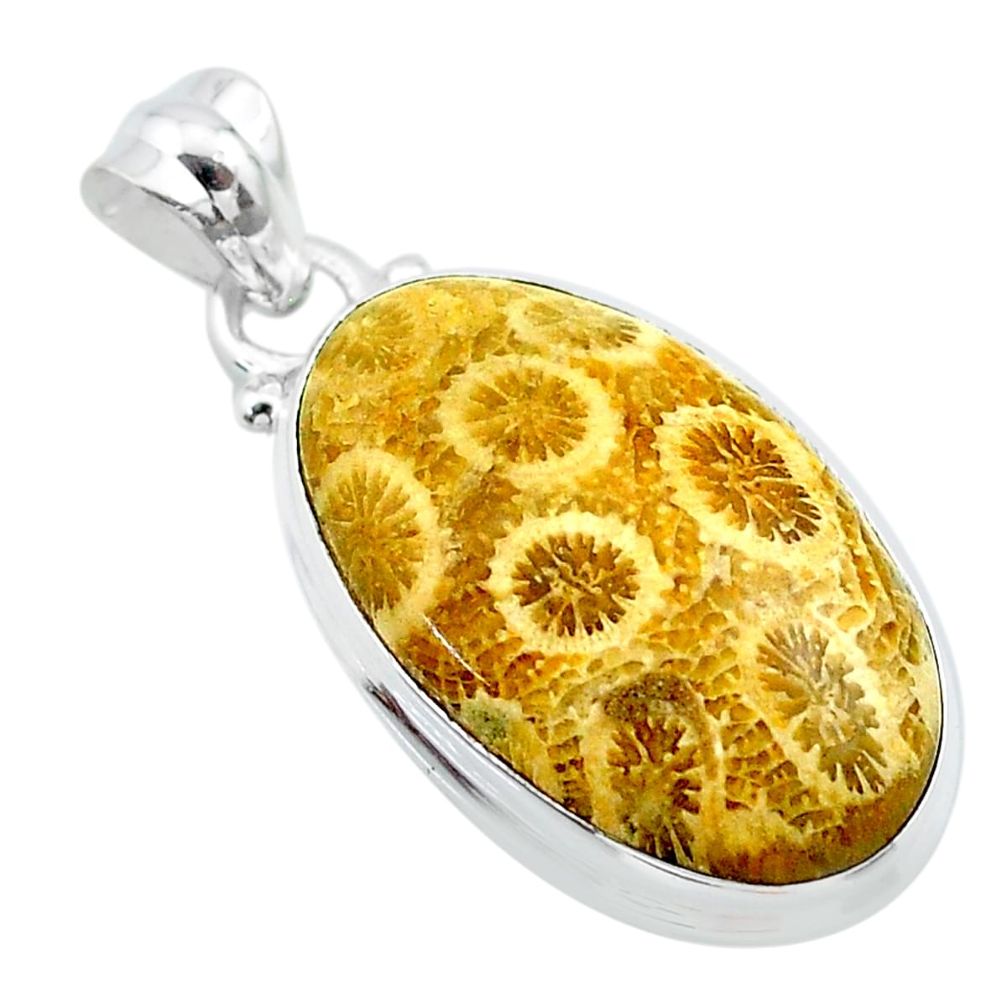 925 silver 14.65cts natural yellow fossil coral petoskey stone pendant t26680