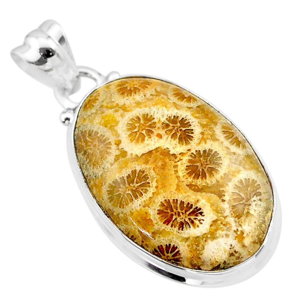 925 silver 17.05cts natural yellow fossil coral petoskey stone pendant t26709