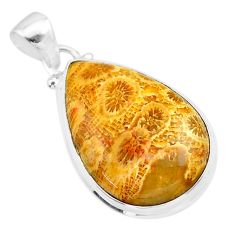 925 silver 17.22cts natural yellow fossil coral petoskey stone pendant t26712