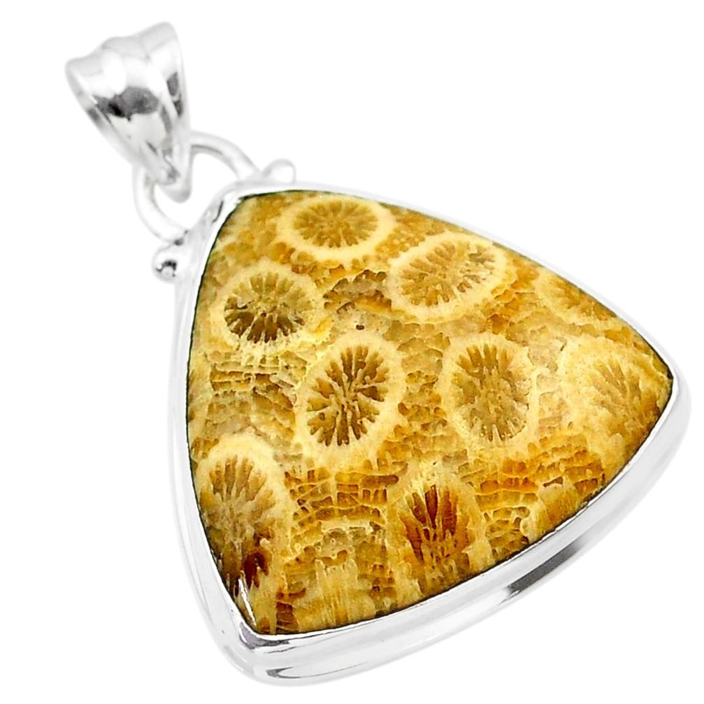 925 silver 17.57cts natural yellow fossil coral petoskey stone pendant t26715