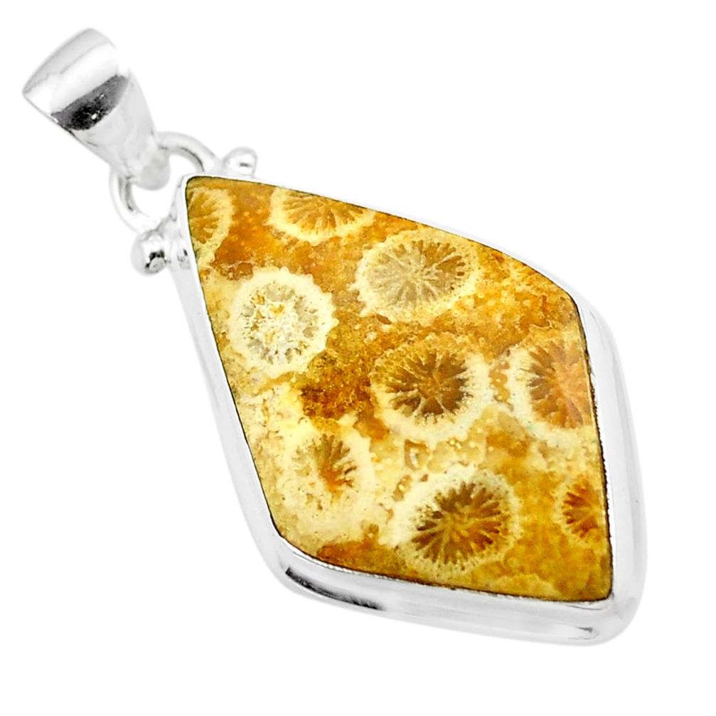 925 silver 14.20cts natural yellow fossil coral petoskey stone pendant t26719