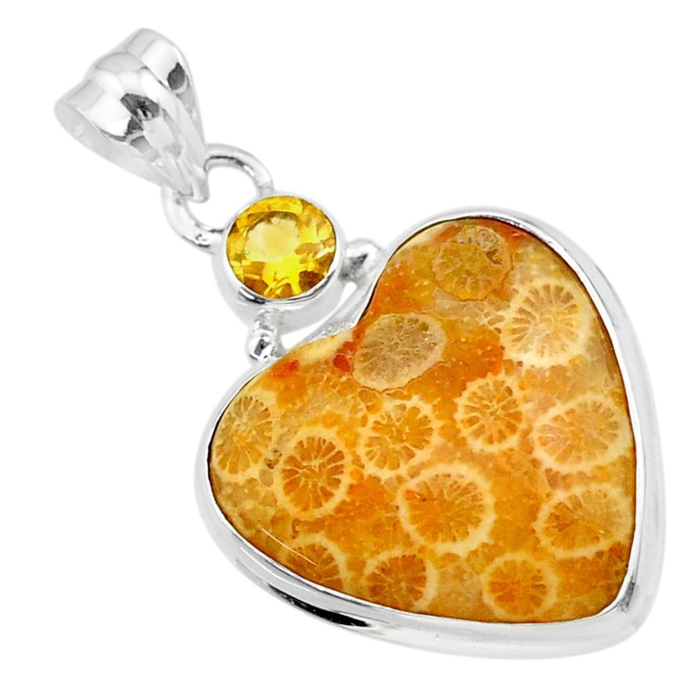 925 silver 16.20cts natural yellow fossil coral petoskey stone pendant t30545