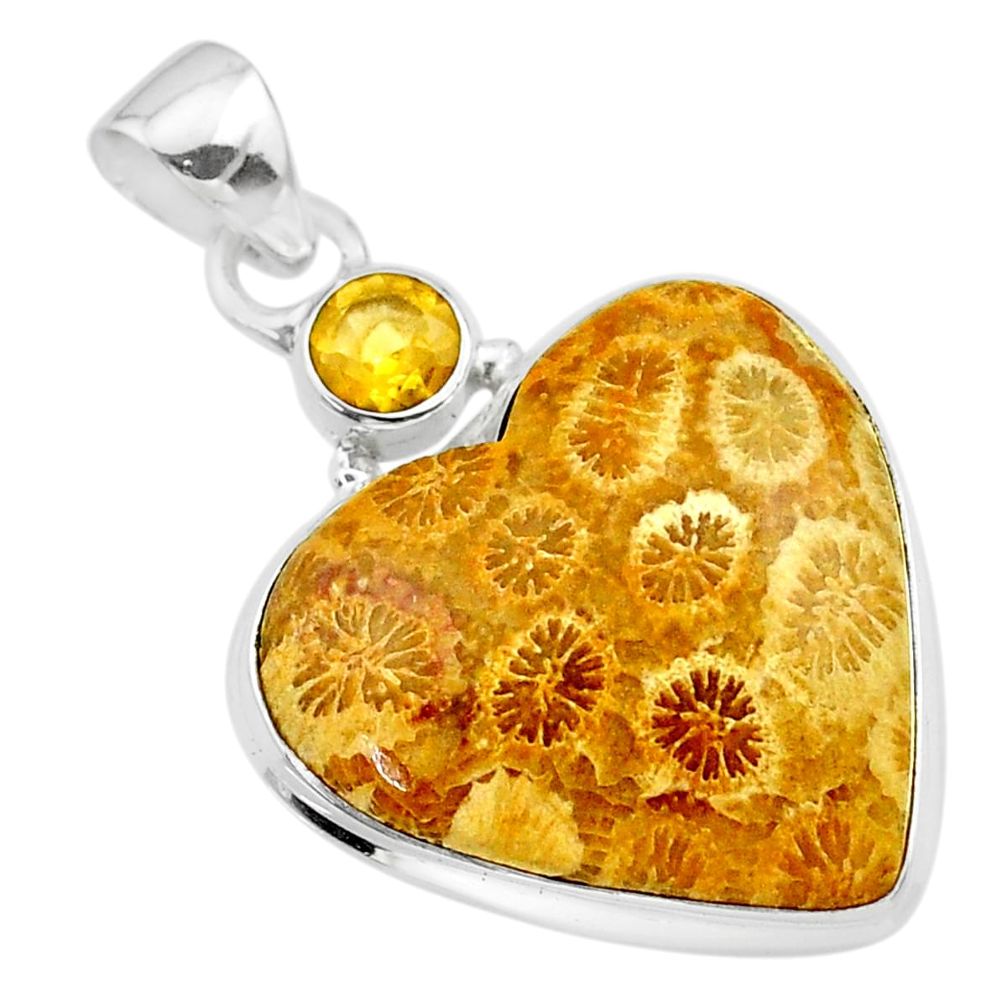 925 silver 19.23cts natural yellow fossil coral petoskey stone pendant t30558