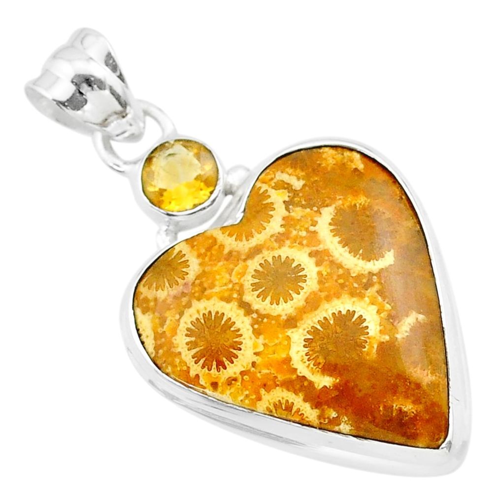 925 silver 15.08cts natural yellow fossil coral petoskey stone pendant t30575