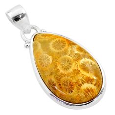 925 silver 15.08cts natural yellow fossil coral petoskey stone pendant t77444