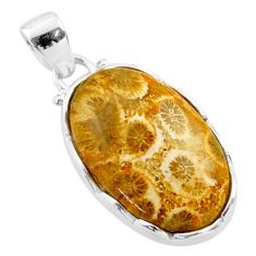 925 silver 15.65cts natural yellow fossil coral petoskey stone pendant t77448