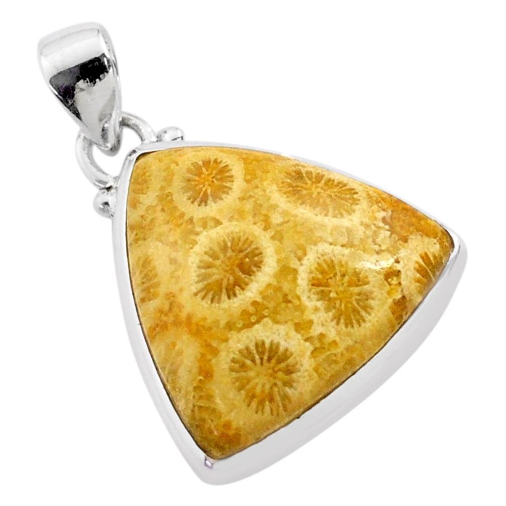 925 silver 17.07cts natural yellow fossil coral petoskey stone pendant t77456