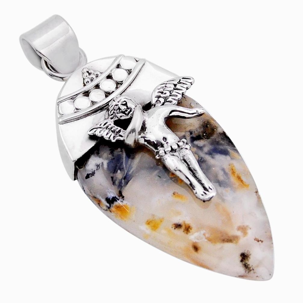 925 silver 20.88cts natural yellow plume agate angel wings fairy pendant n54106