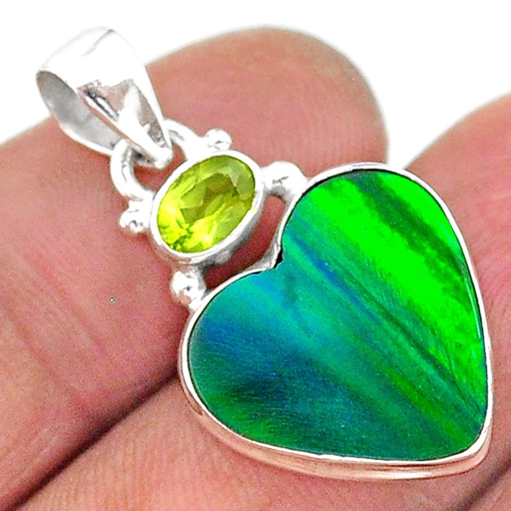 silver 9.34cts northern lights aurora opal (lab) heart peridot pendant t16976