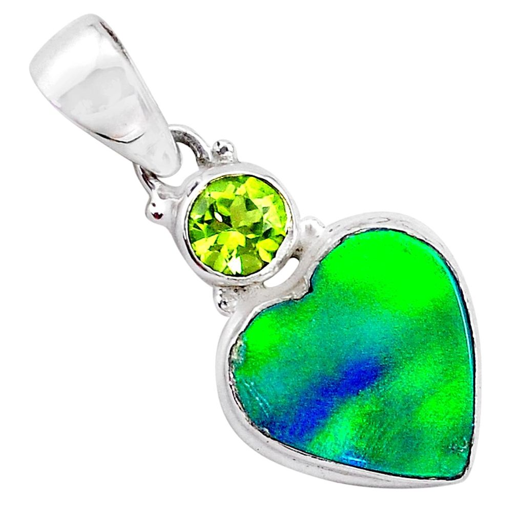 silver 3.65cts northern lights aurora opal (lab) heart peridot pendant t26009