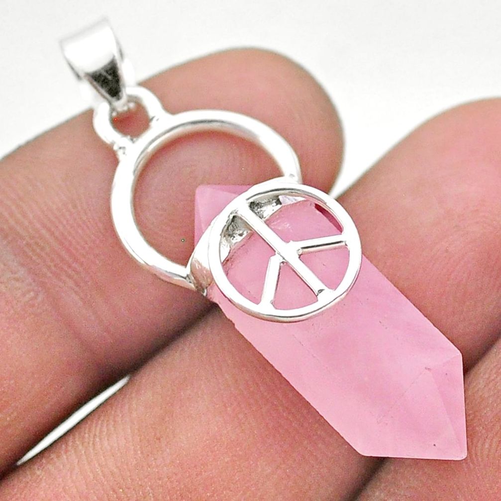 925 silver 11.70cts peace double pointer natural pink rose quartz pendant t44491