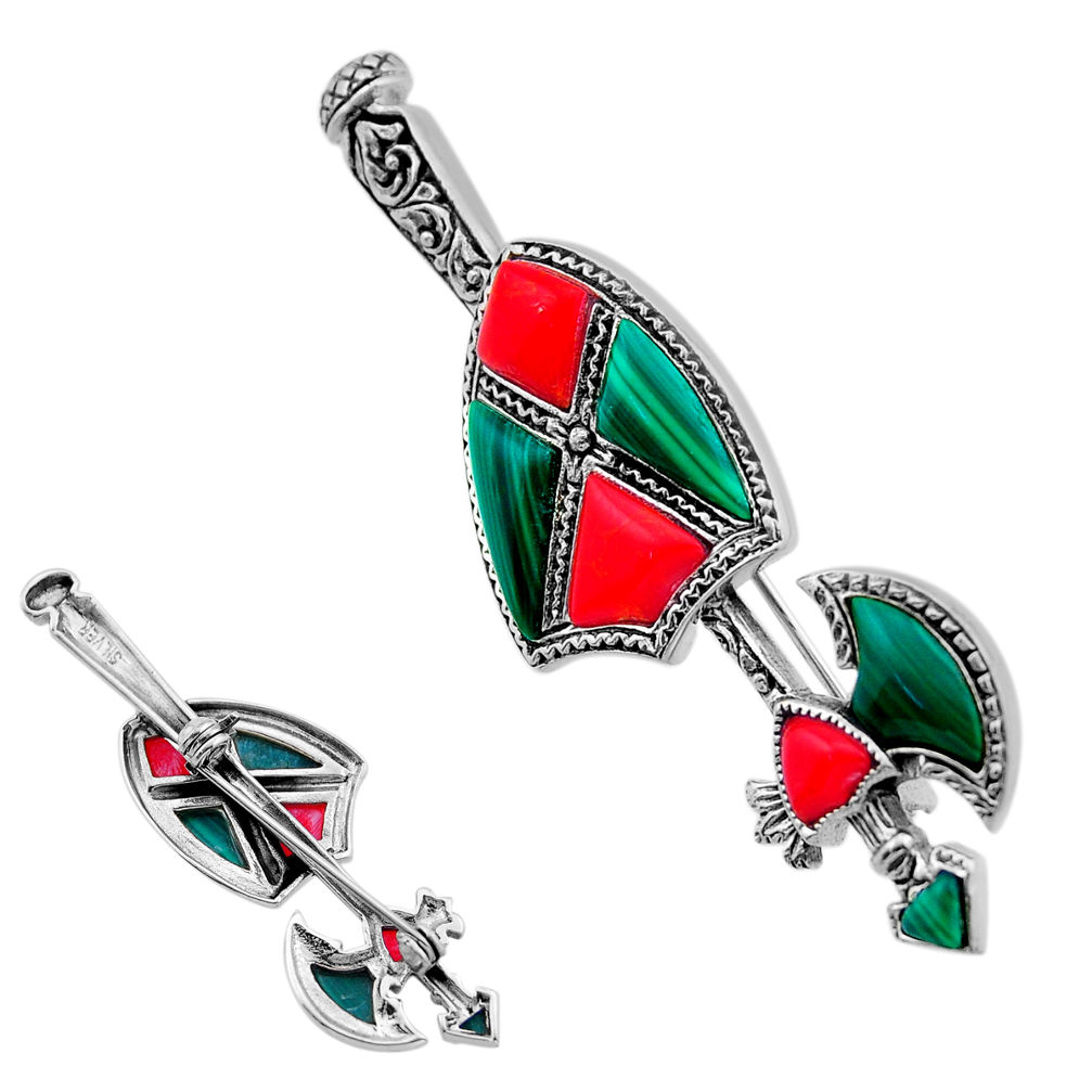 925 silver 7.38cts pink coral malachite (pilot's stone) brooch pendant n53434