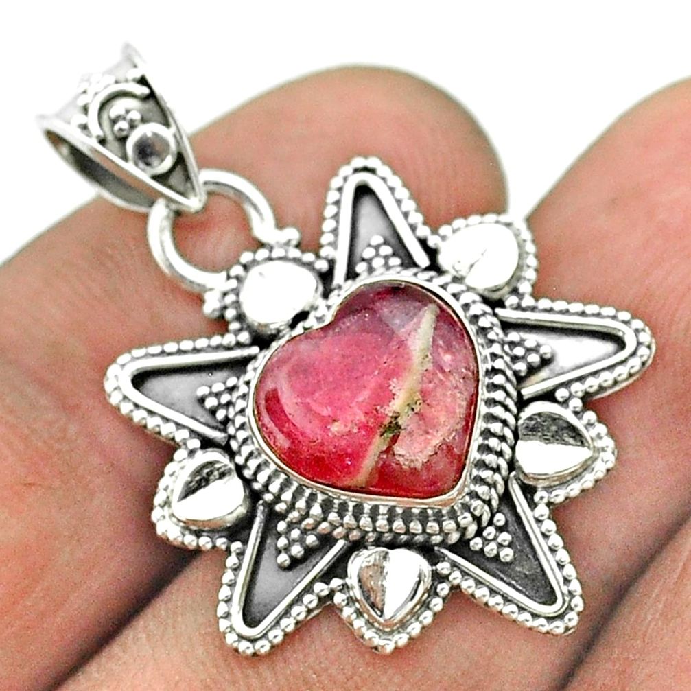925 silver 5.38cts pink rhodochrosite inca rose (argentina) heart pendant t56096