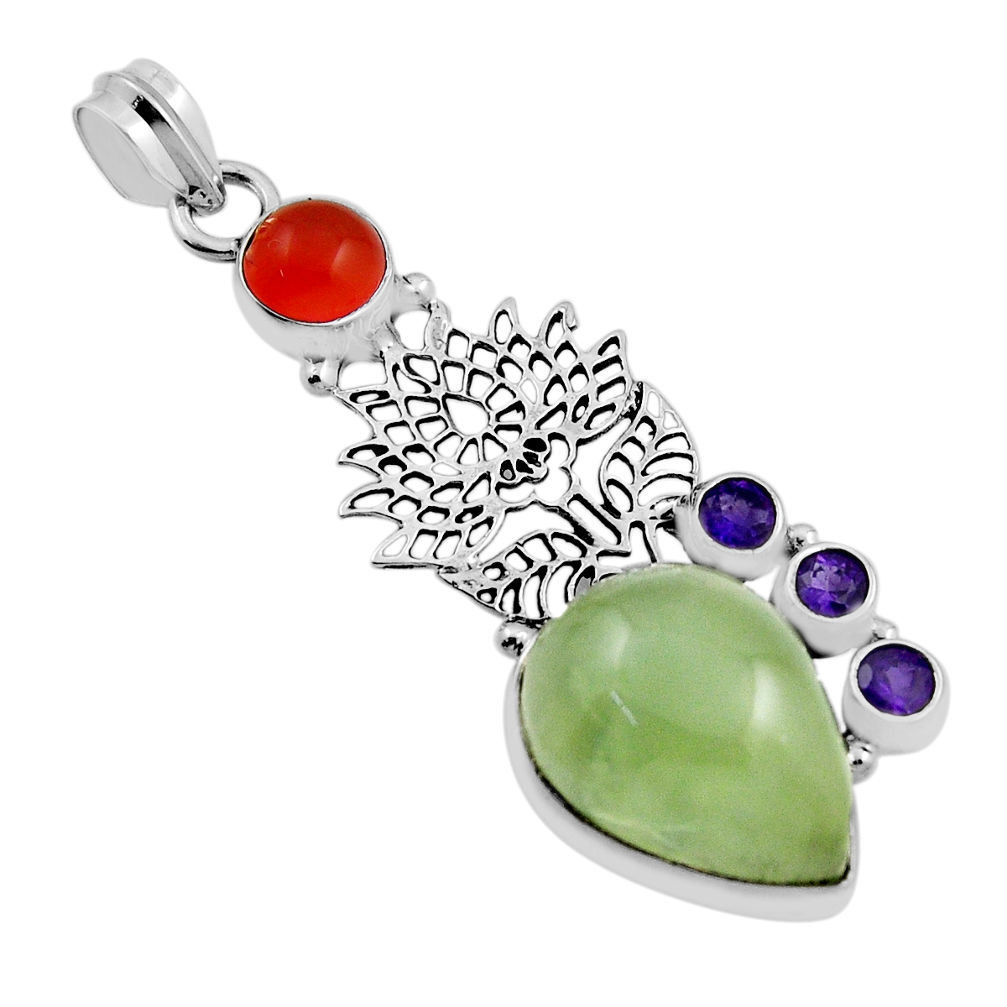 925 silver 17.16cts prehnite pear cornelian amethyst tree of life pendant n24672