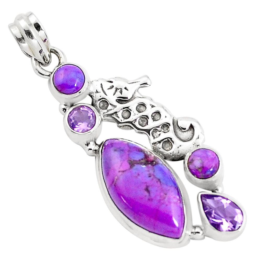 925 silver 15.44cts purple copper turquoise amethyst seahorse pendant p37584