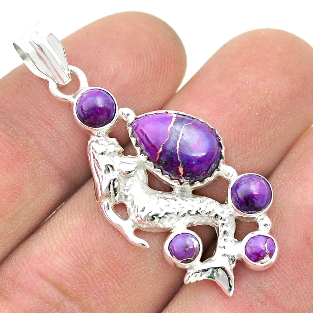 925 silver 8.43cts purple copper turquoise pear fairy mermaid pendant u51180