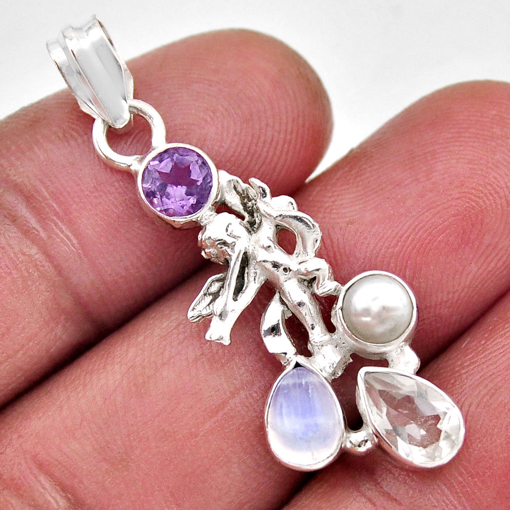 925 silver 4.64cts rainbow moonstone amethyst pearl crystal angel pendant y86503