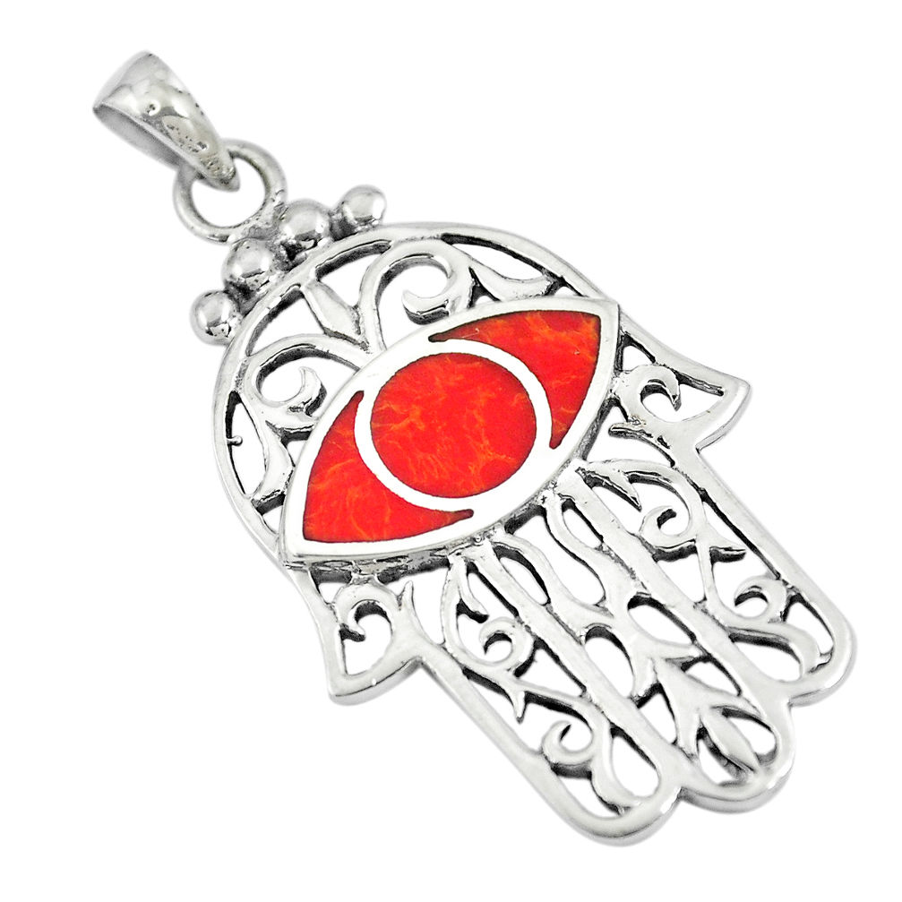 LAB 925 silver 5.48gms red sponge coral hand of god hamsa pendant a88419 c13722