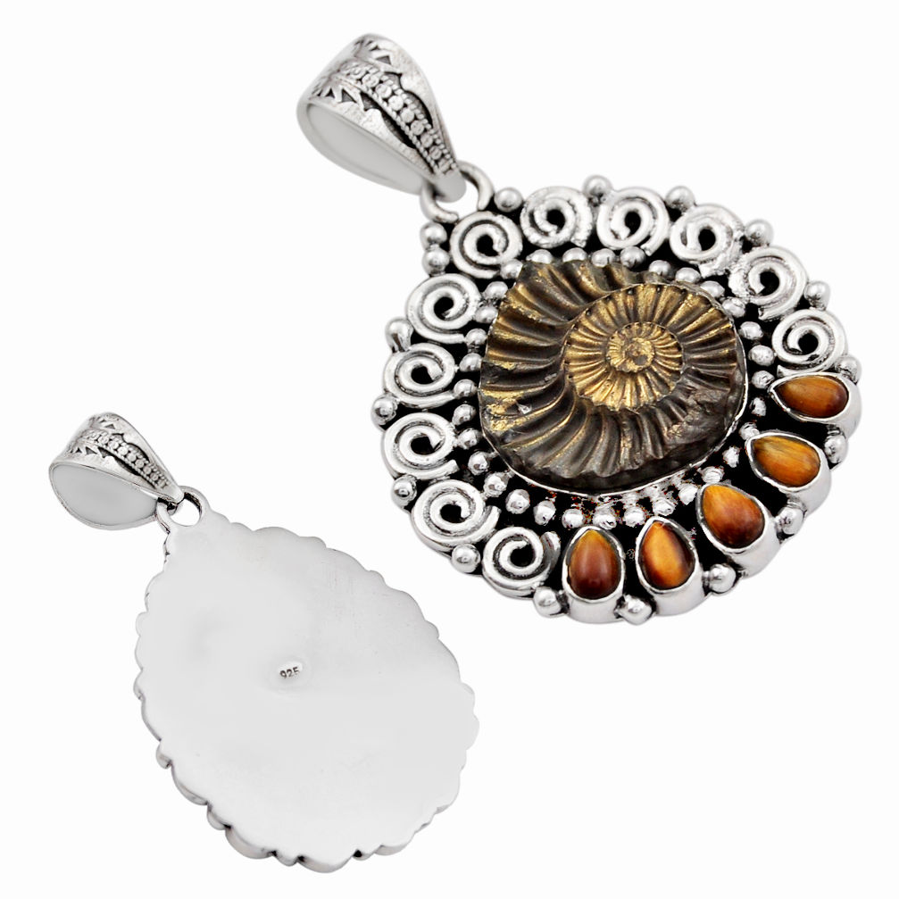 925 silver 22.03cts russian jurassic opal ammonite tiger's eye pendant c30700