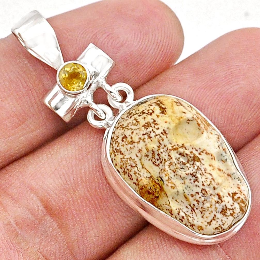 925 silver 17.34cts skull natural brown picture jasper citrine pendant d49215