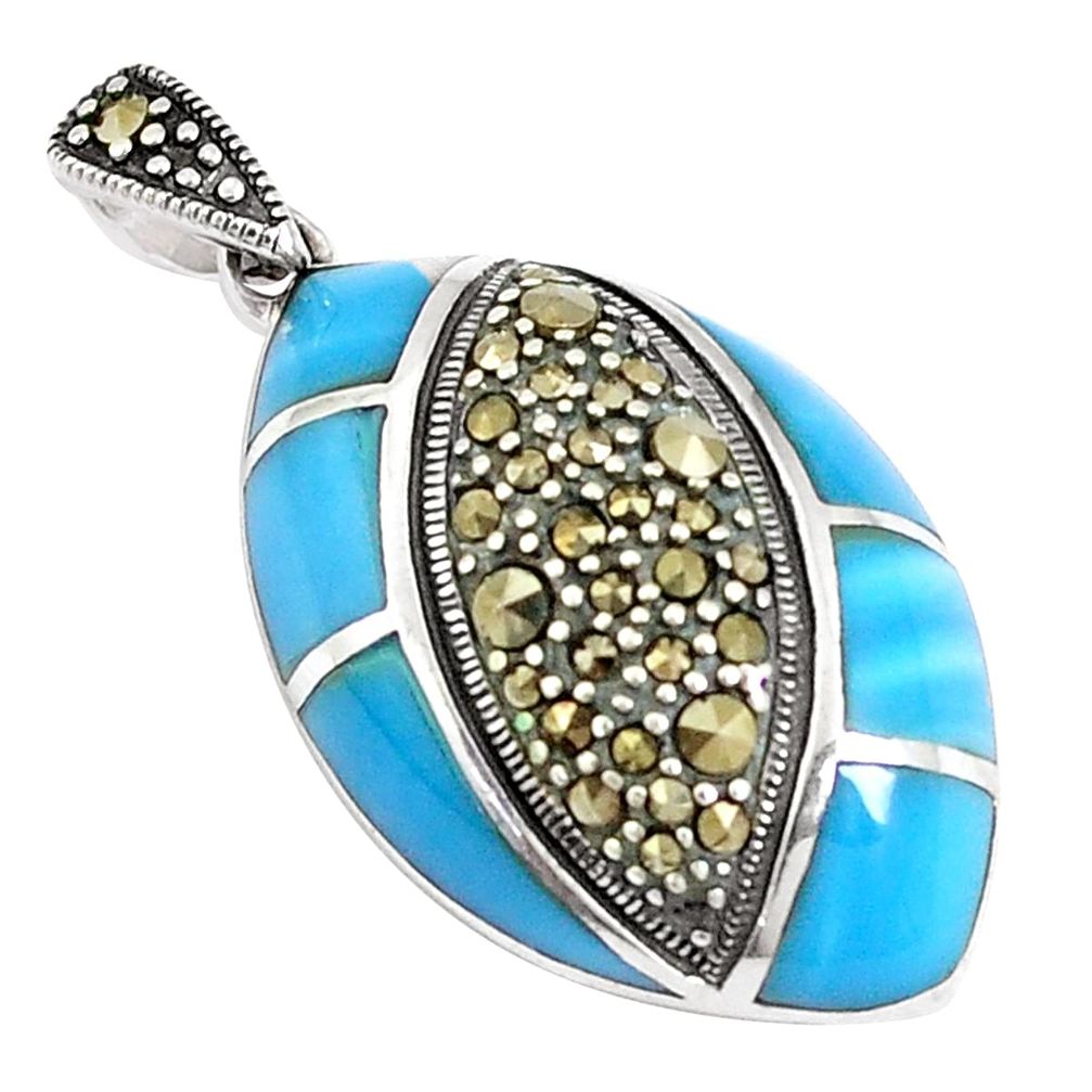 925 silver 7.53cts blue sleeping beauty turquoise marcasite pendant c16753