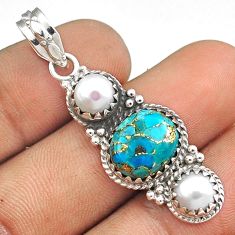 925 silver 7.88cts southwestern blue copper turquoise pearl pendant u30619