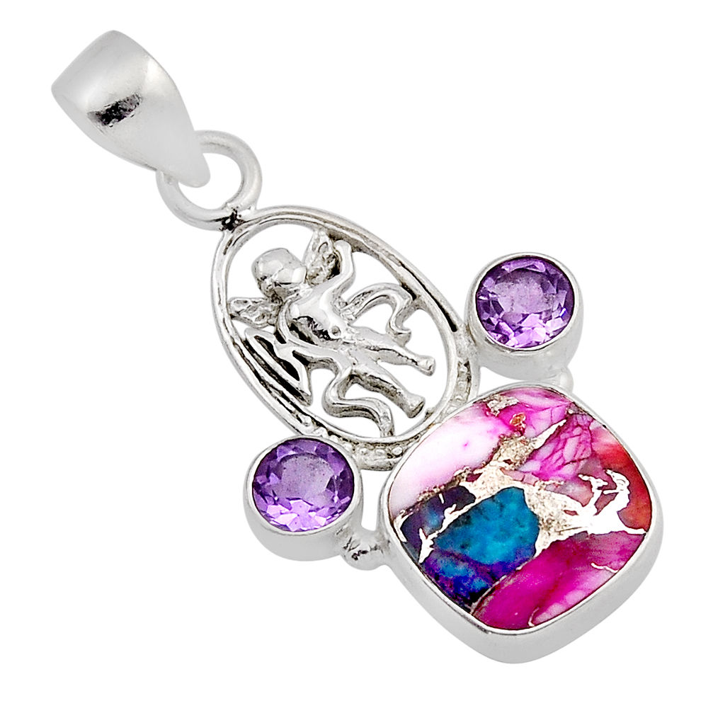 925 silver 7.30cts spiny oyster arizona turquoise amethyst angel pendant n12990