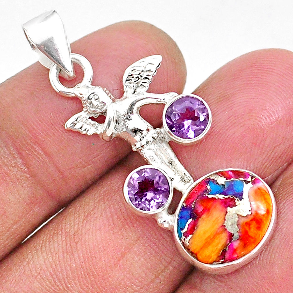 925 silver 6.36cts spiny oyster arizona turquoise amethyst angel pendant r93308