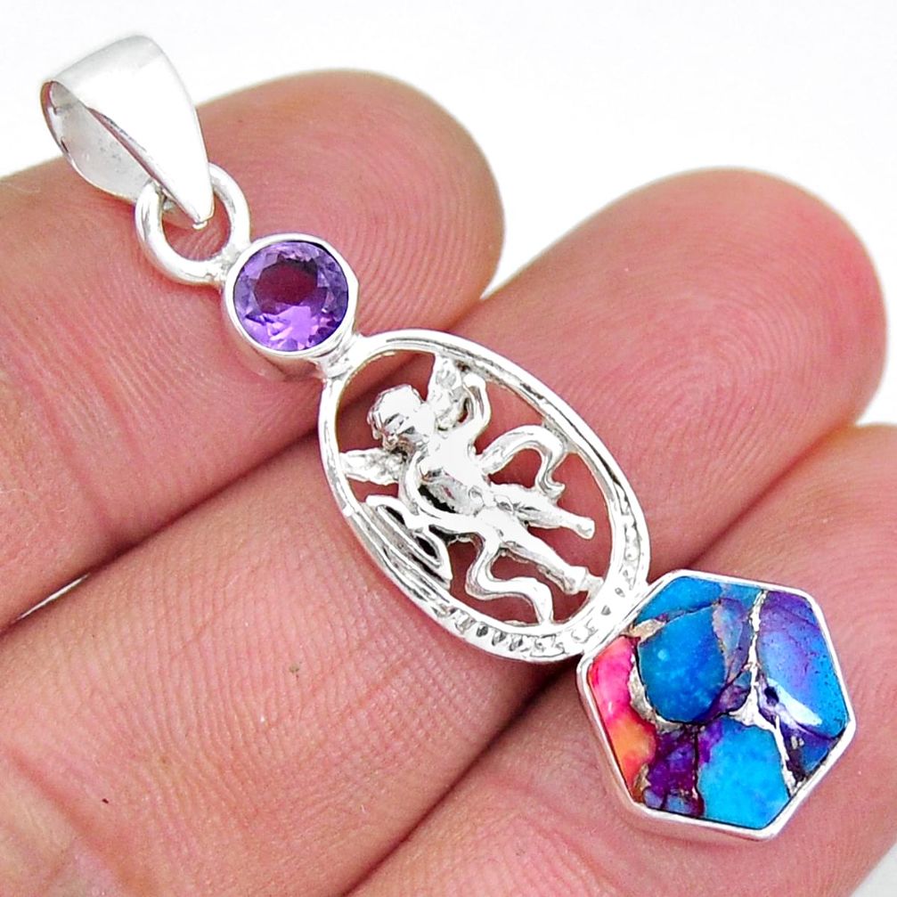 925 silver 4.67cts spiny oyster arizona turquoise amethyst angel pendant y6473