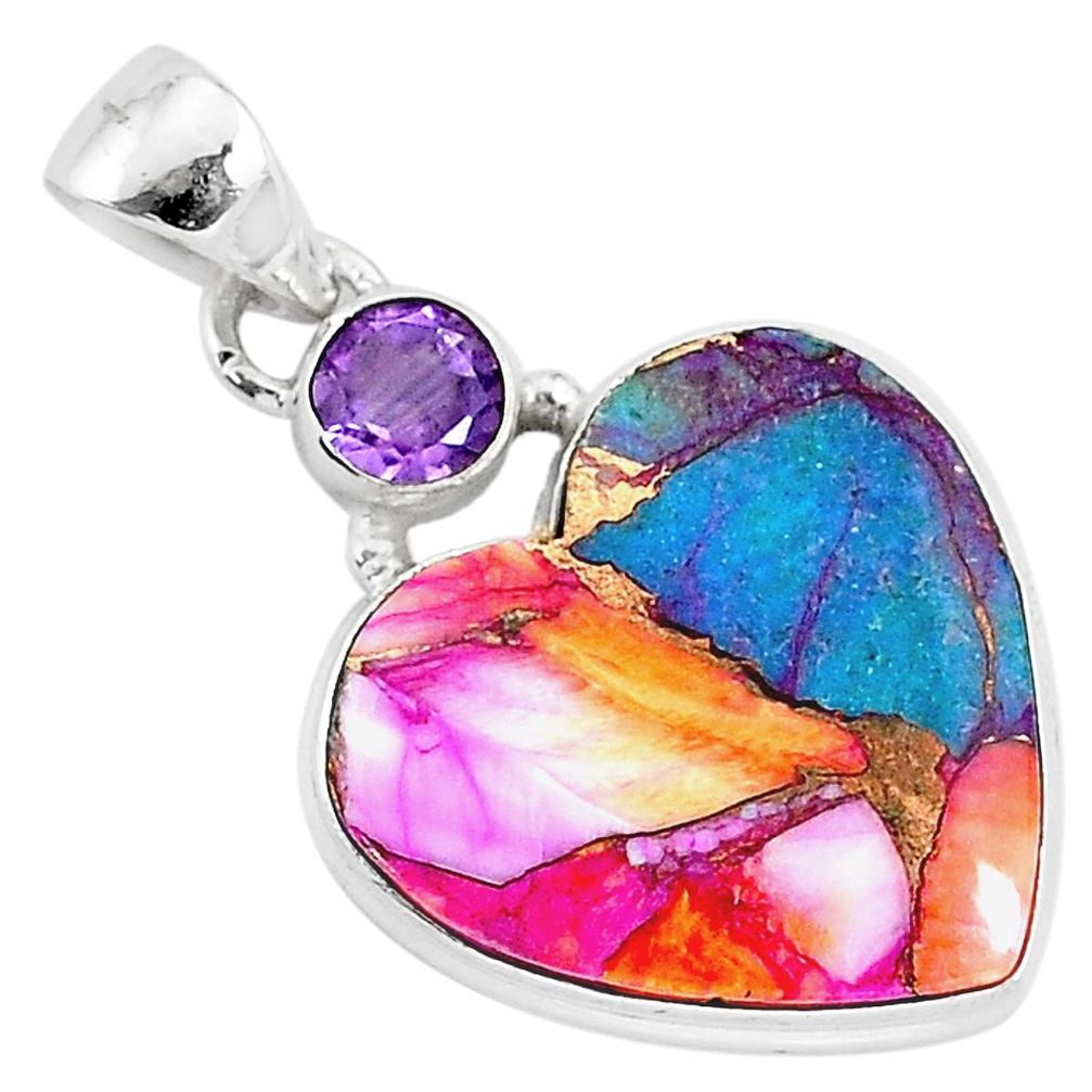 925 silver 12.68cts spiny oyster arizona turquoise amethyst heart pendant r93448
