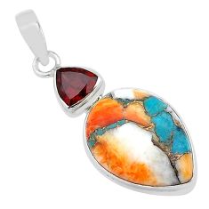 925 silver 14.01cts spiny oyster arizona turquoise pear garnet pendant u61122