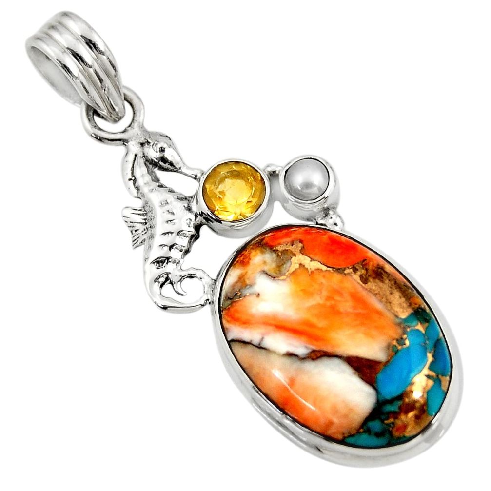 925 silver 16.70cts spiny oyster arizona turquoise pearl seahorse pendant d41767