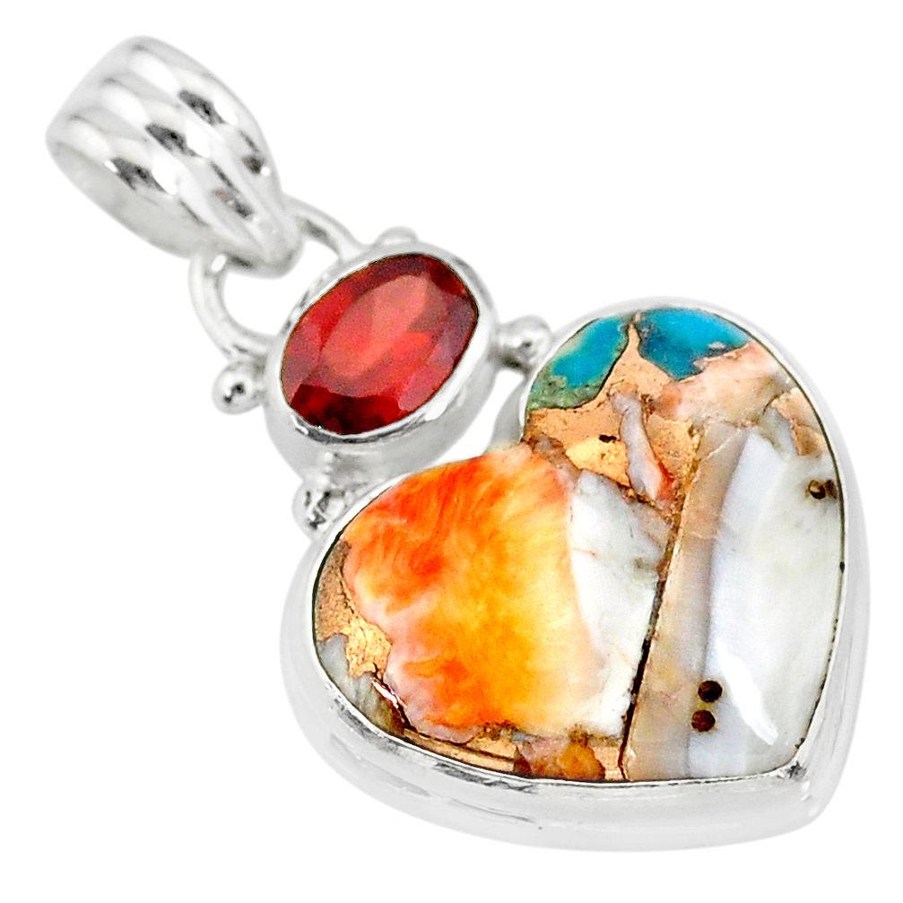 925 silver 13.70cts spiny oyster arizona turquoise red garnet pendant r83504