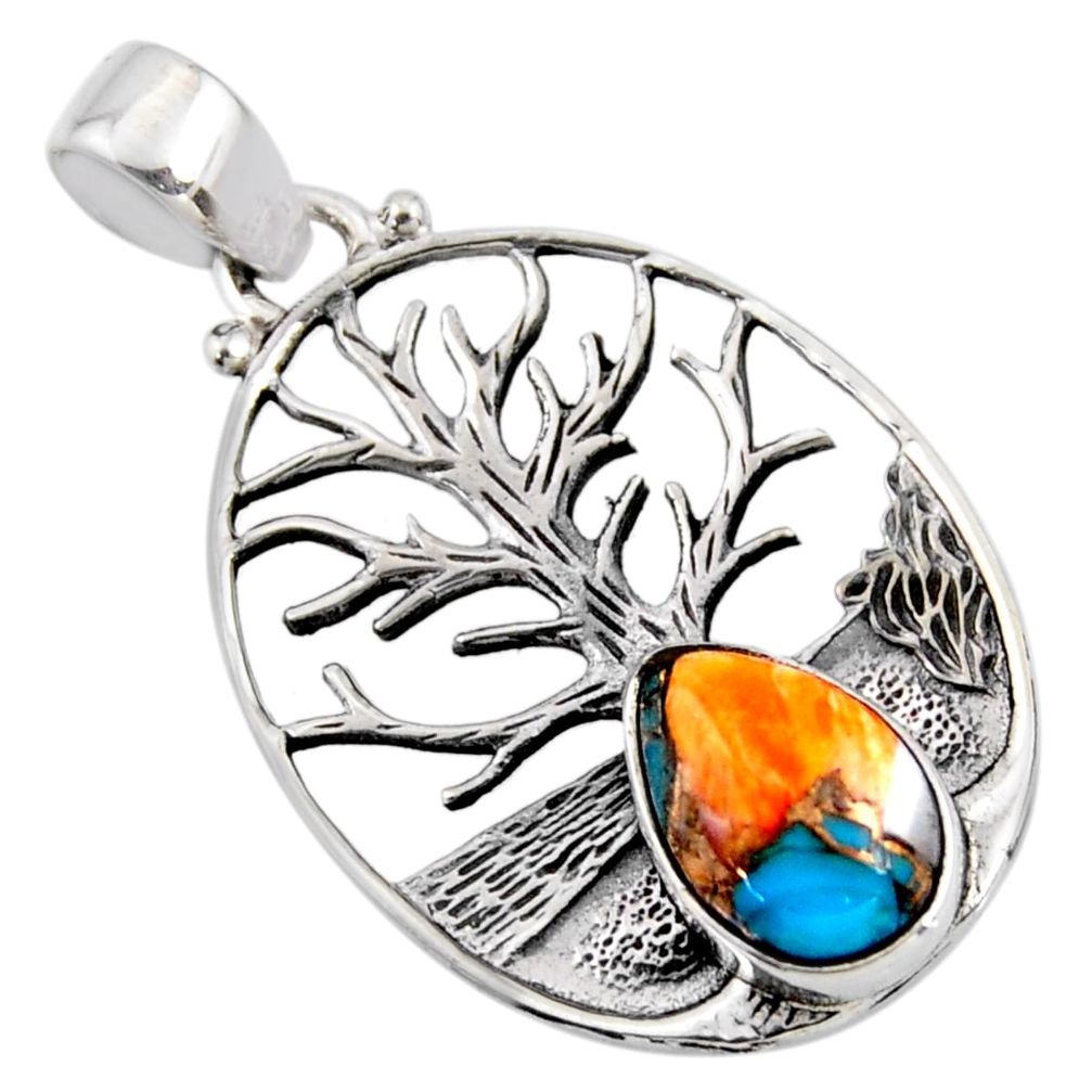 925 silver 4.40cts spiny oyster arizona turquoise tree of life pendant r53015